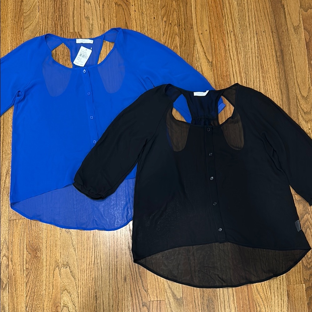 Bundle of Sheer High Low Hem Button-Up Blouses with 3/4 Sleeves Size L